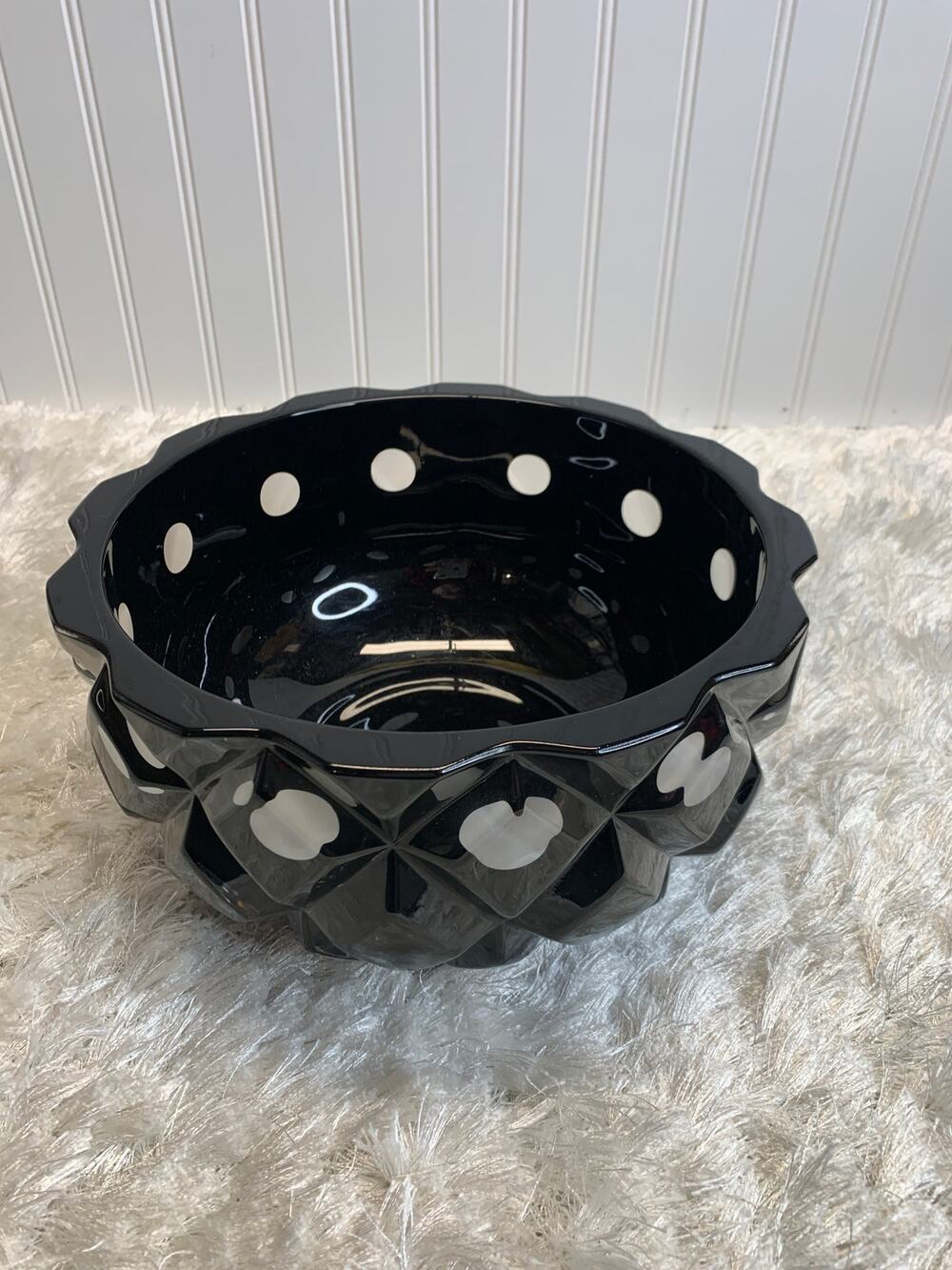 Modern Black Clear Faceted Bowl Heavy Thick Glass 10 x 5"
